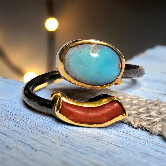Boho Chic Adjustable Genuine Turquoise Red Coral Ring 24K Gold Sterling Silver - Picture 12 of 16